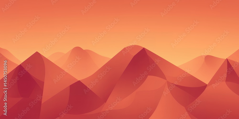 Poster abstract illustration of layered orange and red mountains with a gradient background