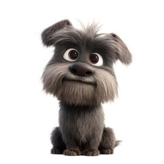 A whical cartoon rende of a fluffy grey puppy with large expressive eyes sits against a pure white backdrop exuding charm and undeniable cuteness for designs.