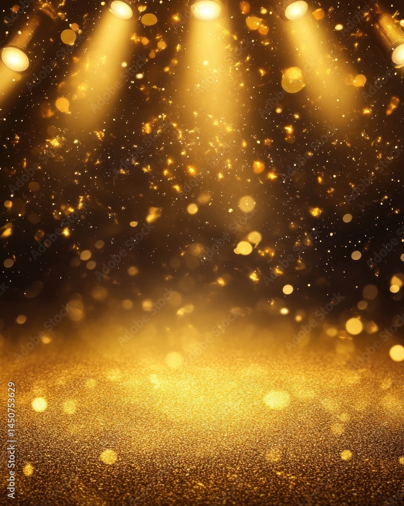 Aufkleber golden stage spotlight backdrop with glittering bokeh effect creating a magical and festive atmosphe