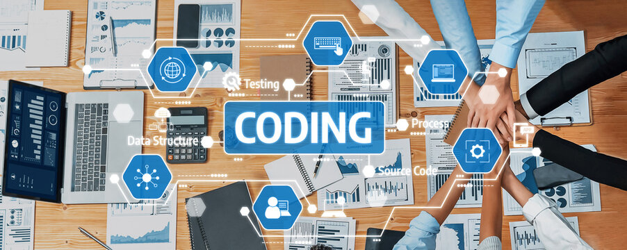 A vibrant workspace illustrating collaboration among team members in coding and data analysis, showcasing technology tools and process optimization strategies. Amity