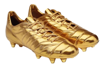 Pair of golden football boots lacers on transparent background png cutout
