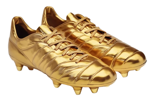 Pair of golden football boots lacers on transparent background png cutout