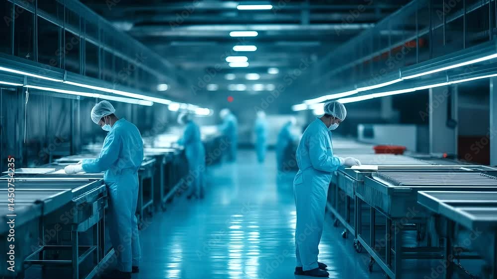 Poster a spacious, brightly lit poultry processing facility where uniformed workers monitor the smooth oper