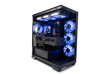 Isolated black destop computer middle size tower with blue LED RGB light