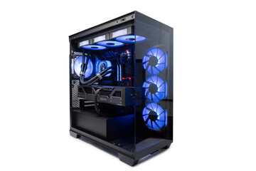 Isolated black destop computer middle size tower with blue LED RGB light