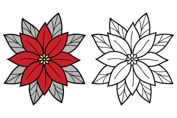 Two outlined poinsettias display a vibrant red bloom and a minimalist blackandwhite drawing