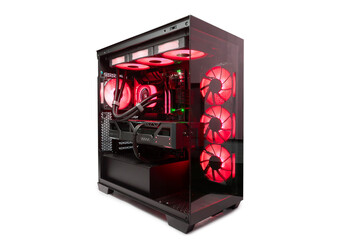 Isolated black destop computer middle size tower with red LED RGB light
