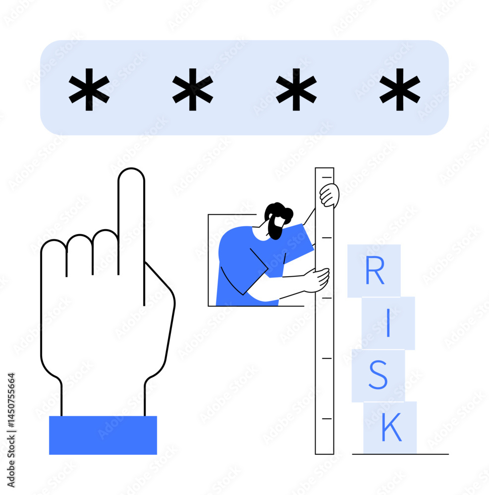 Poster hand pointing at password entry, individual with ruler measuring risk blocks. ideal for cybersecurit