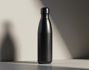 Black reusable bottle standing on gradient background.