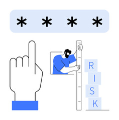 Hand pointing at password entry, individual with ruler measuring risk blocks. Ideal for cybersecurity, password management, risk assessment, data protection, online safety, risk evaluation, simple