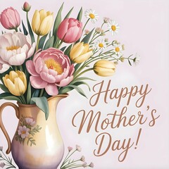 Mother’s Day Greeting Card with Flowers and Elegant Calligraphy

