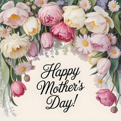 Mother’s Day Greeting Card with Flowers and Elegant Calligraphy

