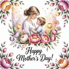 Mother’s Day Greeting Card with Flowers and Elegant Calligraphy

