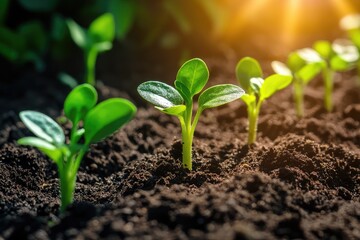 Cute green seedlings sprouting from the soil, illuminated by sunlight. Close-up of young plants growing in rich,