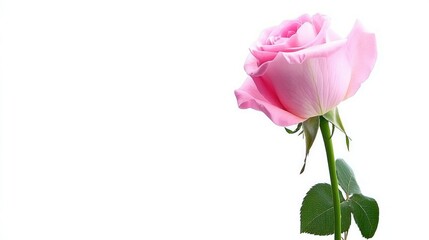 Elegant pink rose with layered petals and vibrant green stem stands against a stark white