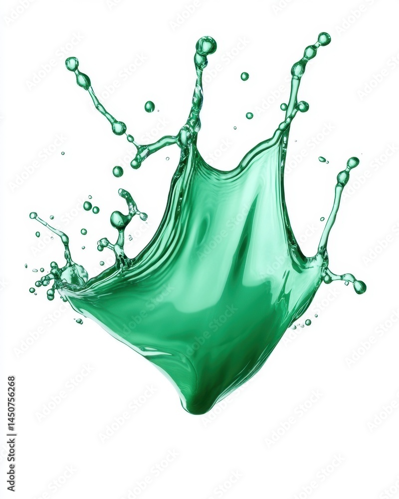 Poster emerald liquid bursting with dynamic energy on white backdrop capturing fluid motion and vibrant col