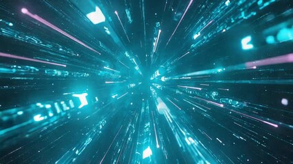 A cosmic nebula grid glowing, blue purple neon streaks. streaks fiber optic cables space digital data like shooting stars. streak of light, which shatters hundreds tiny fiber optic filaments - Powered by Adobe