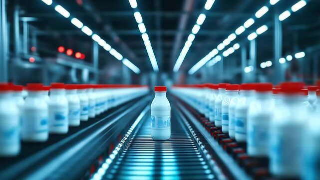 A modern milk processing plant with rows of conveyor belts transporting milk bottles through quality control checkpoints, ensuring freshness and consistency.