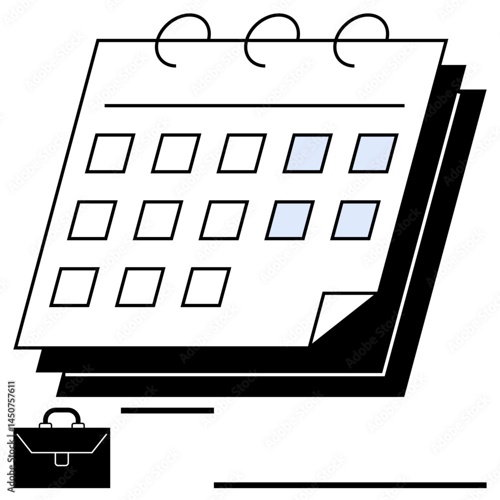 Poster desk calendar with spiral binding displaying marked dates and a briefcase. ideal for planning, sched