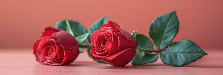 Naklejka premium This stunning image features two elegant red roses, showcasing their velvety petals and vivid green leaves against a soft coral background, embodying beauty and romance.