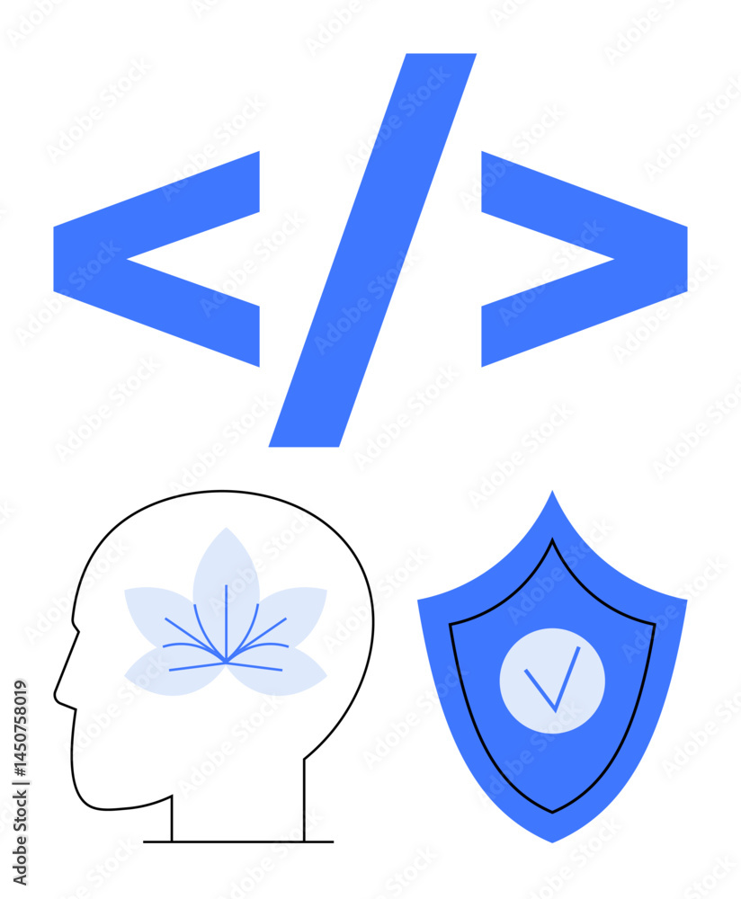Poster head outline with lotus flower, coding tag symbol, shield with checkmark. ideal for technology, ment