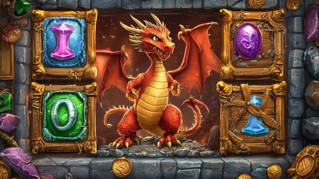 Adorable Red Dragon in a Slot Machine Game