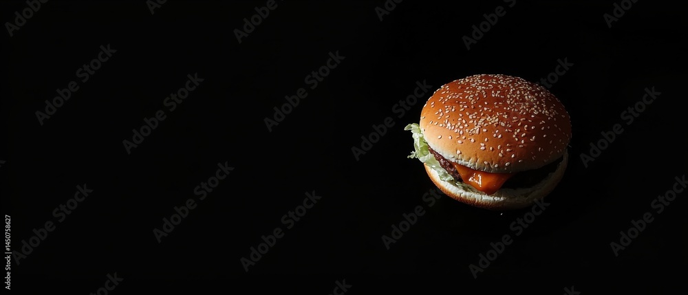 Poster appetizing burger with sesame seed bun and melted cheese on a dark background creating a dramatic co