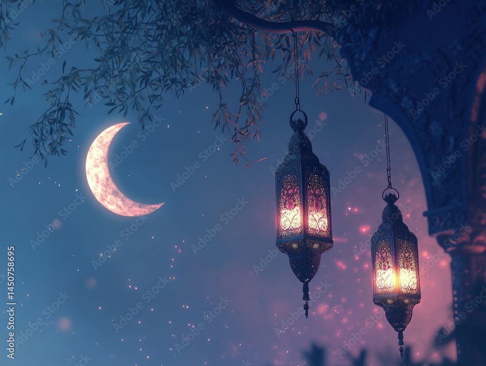 Poster enchanting evening scene with crescent moon and ornate lanterns creating a magical atmosphere undern