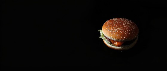 Appetizing burger with sesame seed bun and melted cheese on a dark background creating a dramatic contrast and inviting a sense of culinary indulgence and simple pleasure