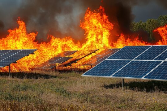 Extensive electrical fire engulfs solar panel field, causing significant damage and smoke in the area, An extensive electrical fire destroying solar panels at a ground-based photovoltaic solar farm