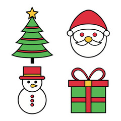 Christmas Icon Set | Santa, Tree, Snowman, Gift box & Sleigh Vector Illustration