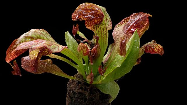 Close-up studio shot of a colorful pitcher plant, showcasing its unique hood, patterned surface, and distinctive foliage against a black background.