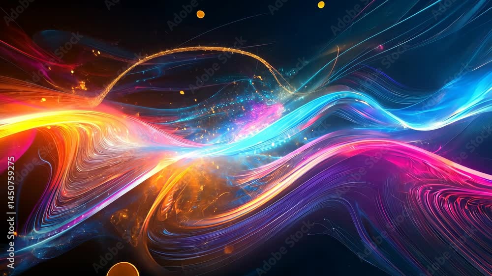 Poster vibrant neon light waves in dynamic motion blur with sparkling particles
