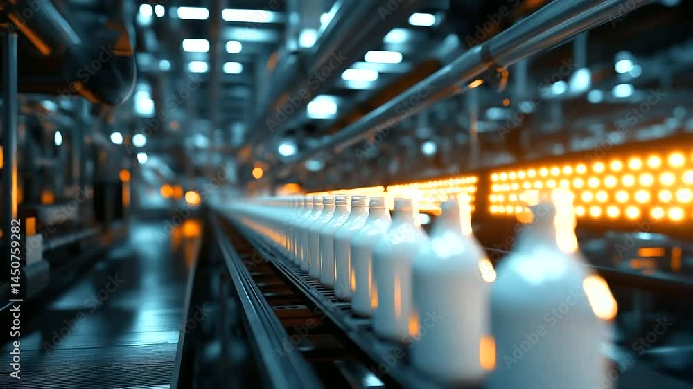 Poster a dairy factory in action, where milk bottles are swiftly moved from one stage to another, symbolizi