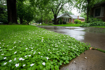 Hailstones scattered on green grass and pavement after unexpected storm on a residential street