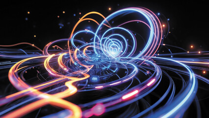 Obraz premium Glowing atom visualization with neon orbitals in a futuristic digital interior, abstract concept of energy and science in high-tech style Futuristic Technology & Abstract Data Concepts 