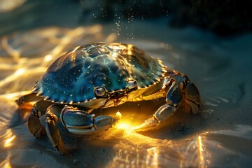 A beautifully lit crab exploring the sandy ocean floor, showcasing vibrant colors and intricate details.