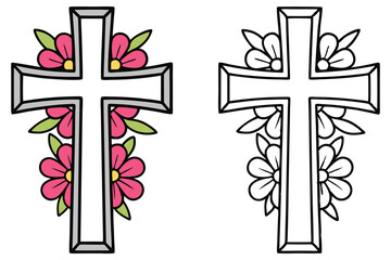 Two Christian crosses are embellished with vibrant pink flowers and green leaves on a white background