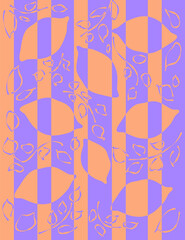 Abstract lemons background in violet and yellow, wallpaper summer pattern with lemons and leaves geometric