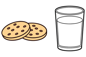 Two chocolate chip cookies are placed beside a tall glass of milk ready to enjoy