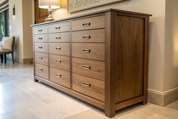 Storage cabinet with closed drawers, soft lighting