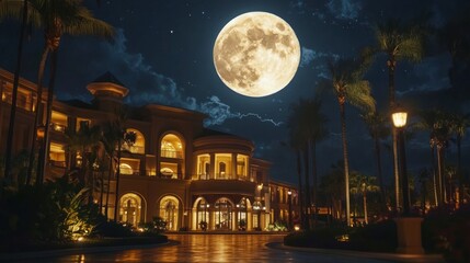 Luxurious Hotel at Night Under a Full Moon