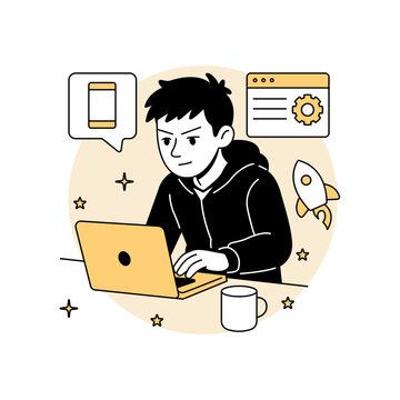 Vector illustration of a focused man coding on a laptop at night, surrounded by app icons and a rocket, for tech startup, app development, and programming themes.