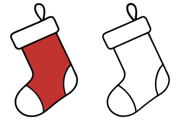One red stocking stands beside a blank one, both outlined in black on transparent backdrop