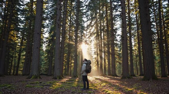 a backpacker walking in the woods