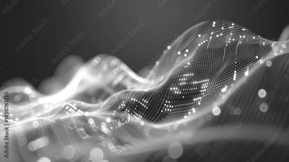 Poster abstract visualization of white flowing particles resembling data waves. the image captures the esse