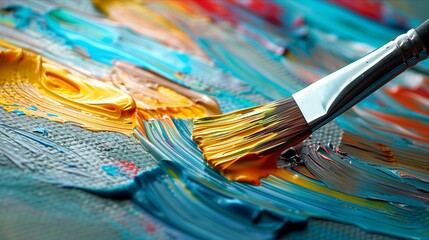Fototapeta premium A close-up of a paintbrush mixing vibrant colors on a canvas, showcasing the beauty of artistic expression.