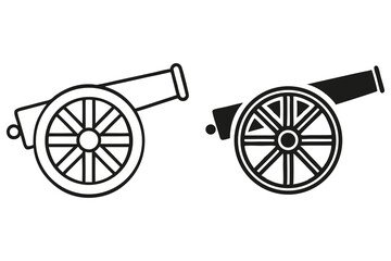 Fototapeta premium Two cannons in black line with spoke wheels offer a vintage battle appearance