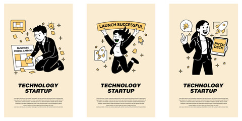 Vector set of business people communicating, planning a business model, celebrating a product launch, and presenting a pitch. for startup strategy and communication themes.