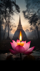 Macro Shots of a Pink Lotus Flower Floating on Calm Water With Temple Silhouette at Vesak Celebration Enhancing the Serene Atmosphere